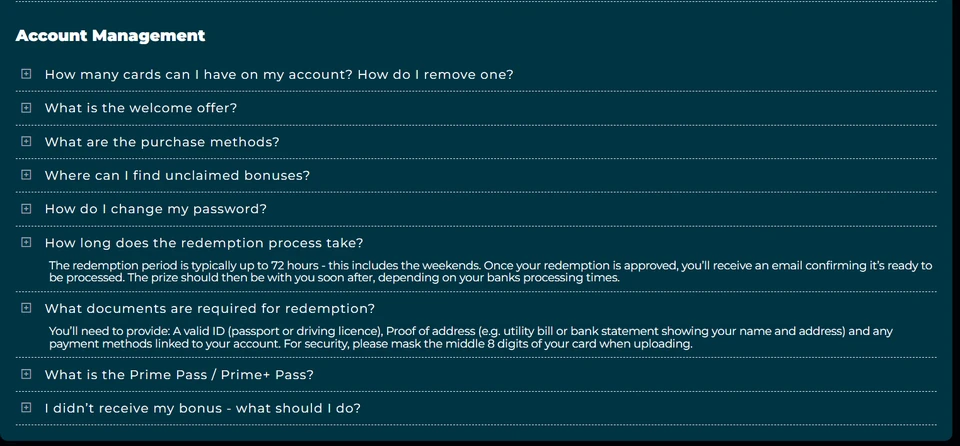 Zonko Casino account management FAQ showing redemption times and required documents