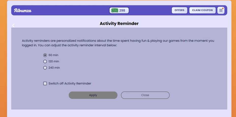 Albumza activity reminder settings with 60, 120, and 240-minute options