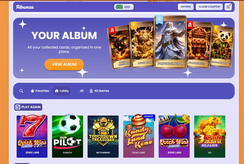 Albumza album page showing collected cards and recently played games