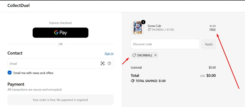 CollectDuel checkout showing the SNOWBALL code making Snow Cub free