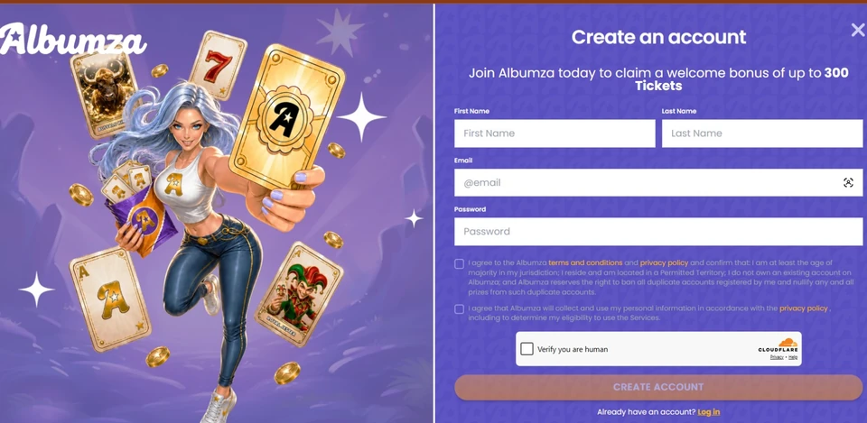 Albumza account creation form offering a welcome bonus of up to 300 Tickets