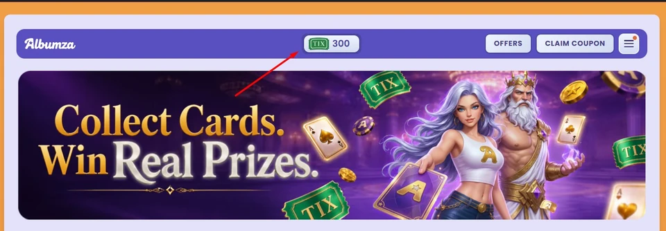 Albumza desktop homepage showing a 300 TIX balance and coupon controls