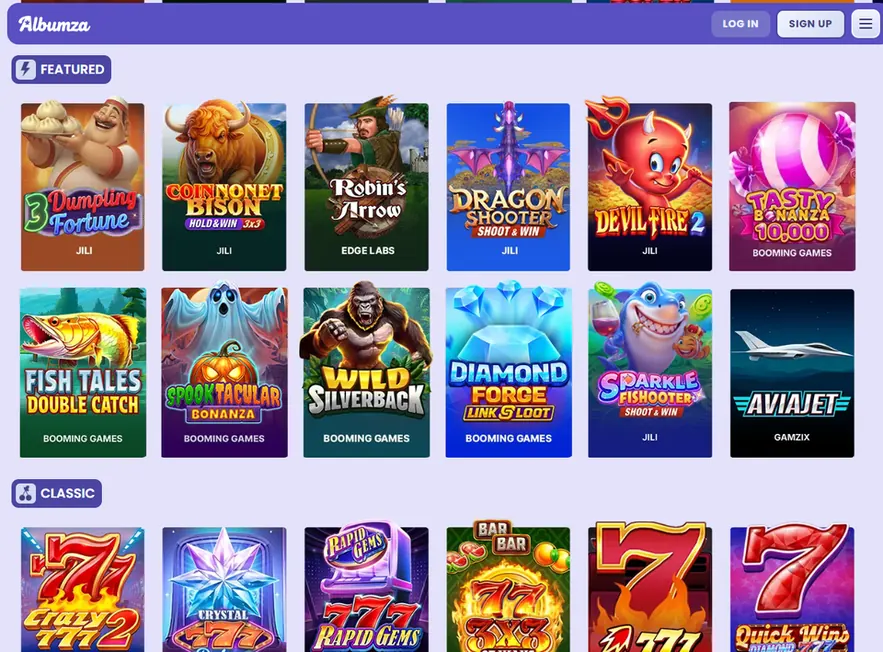Albumza games library showing featured and classic titles