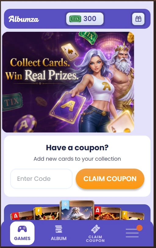 Albumza mobile homepage with coupon claim form and 300 TIX balance
