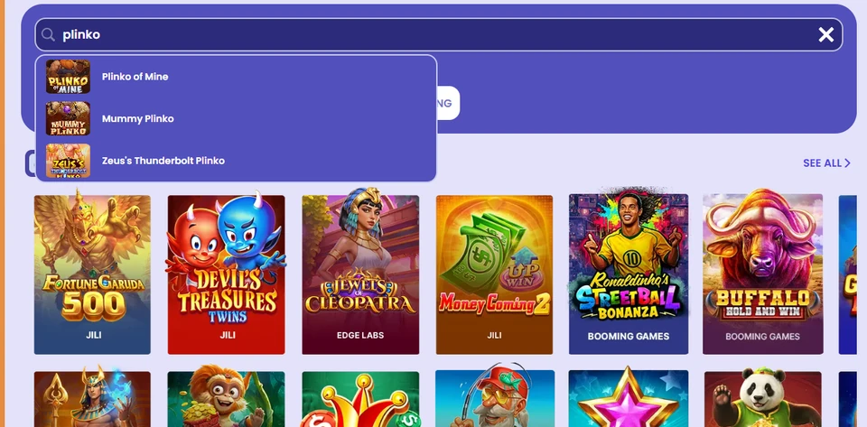 Albumza game search showing three Plinko results