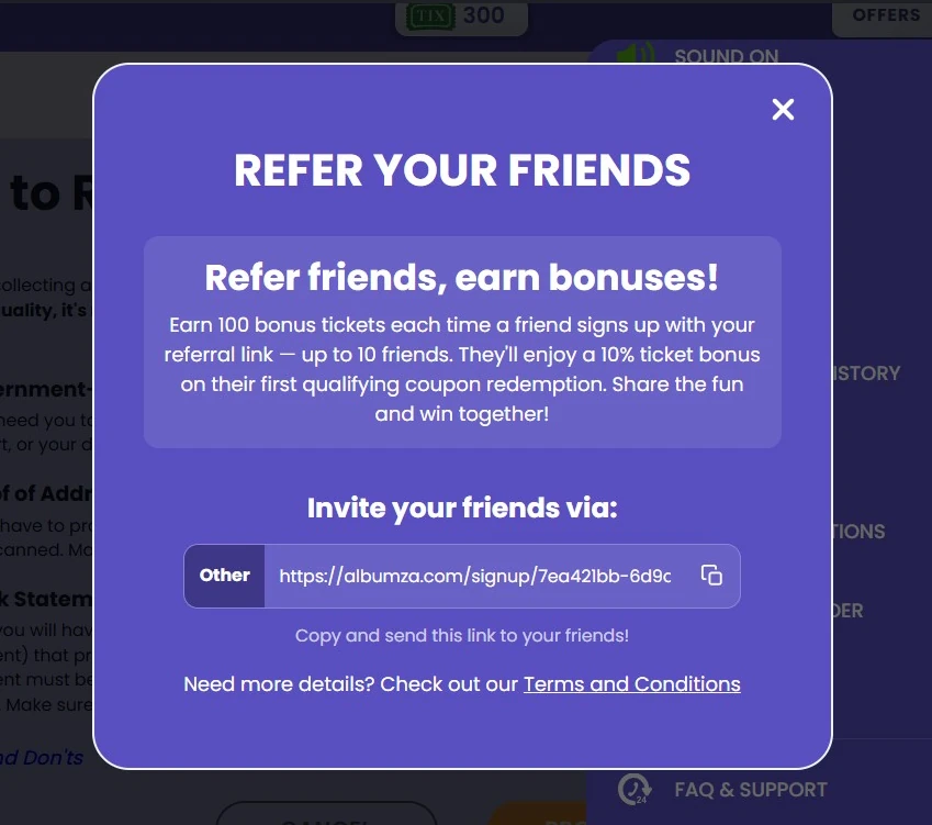 Albumza referral popup offering 100 bonus Tickets per qualifying friend
