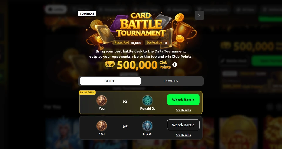 CardCrush Card Battle Tournament screen with 500,000 Club Points prize pool
