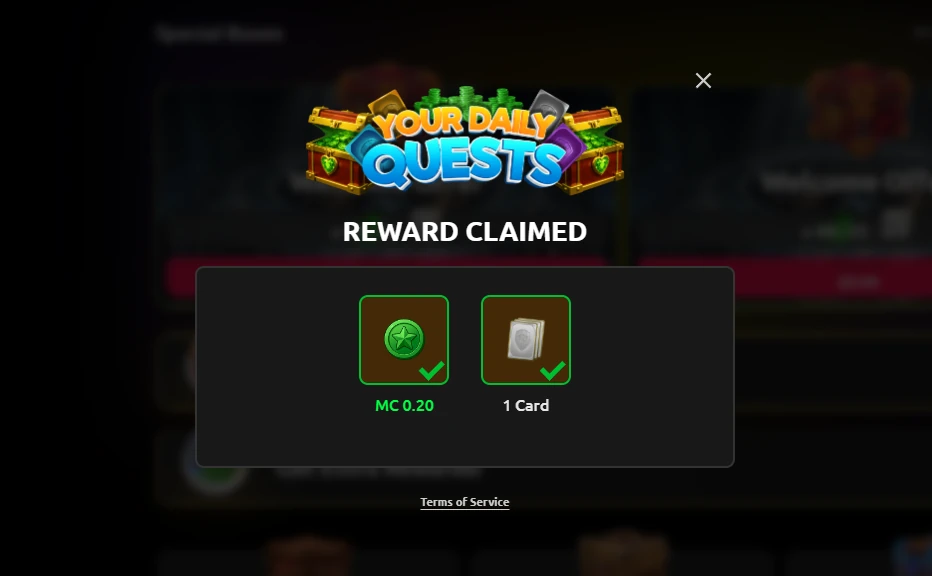 CardCrush daily quest reward with 0.20 Mystery Coins and one card