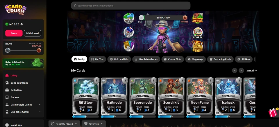 CardCrush desktop lobby showing card collection and casino game categories