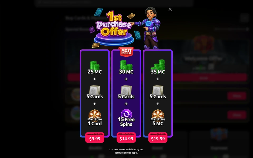 CardCrush first-purchase offers with Mystery Coins, cards and free spins