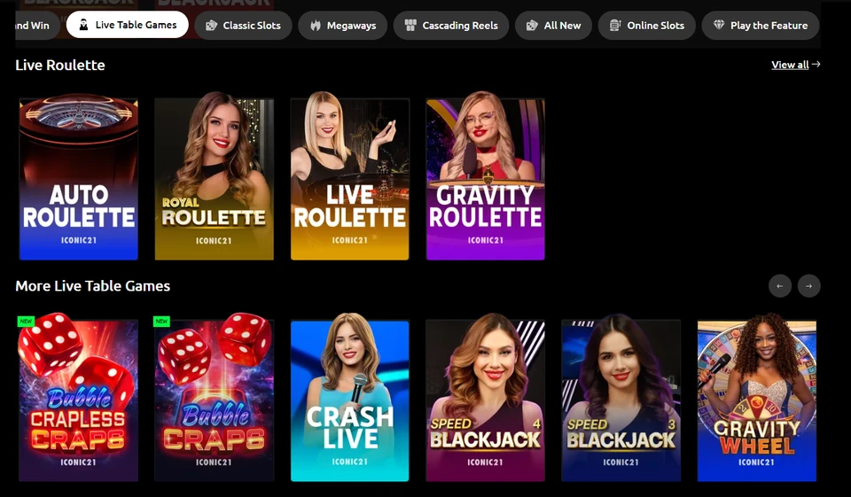 CardCrush live table games lobby showing roulette, blackjack, craps and wheel games