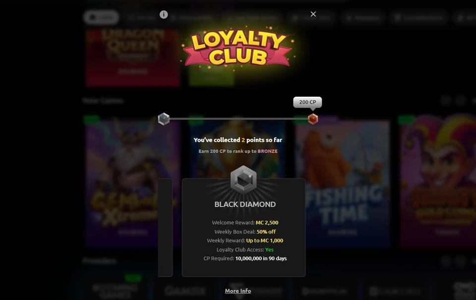 CardCrush Loyalty Club Black Diamond tier benefits and progress