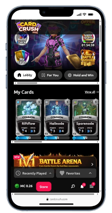 CardCrush mobile lobby showing card collection and battle arena banner