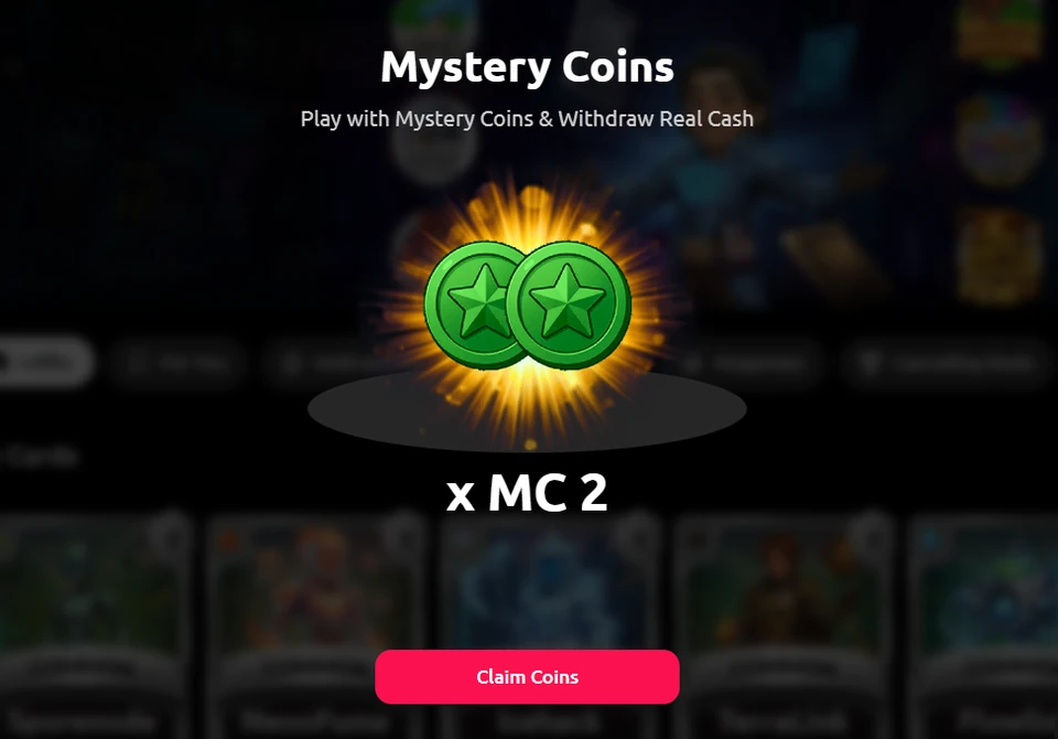 CardCrush Mystery Coins claim popup showing two MC