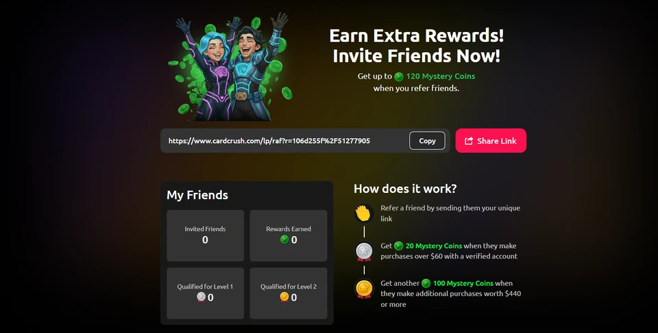 CardCrush referral program showing Mystery Coin rewards for friend purchases