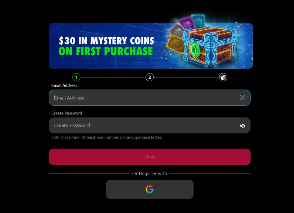 CardCrush registration screen advertising $30 in Mystery Coins on first purchase
