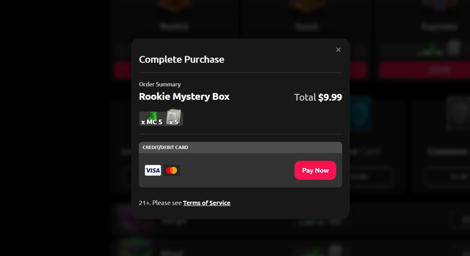 CardCrush Rookie Mystery Box purchase screen priced at $9.99