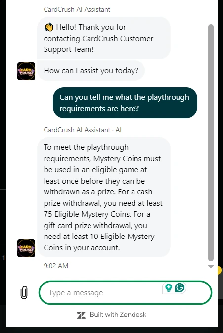 CardCrush support chat explaining Mystery Coin playthrough and withdrawal minimums
