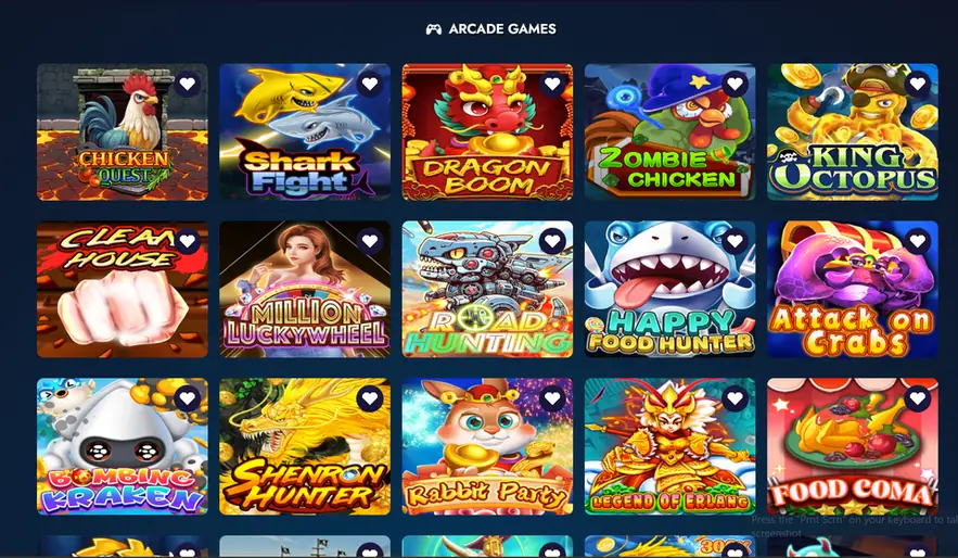 Crash Duel arcade games lobby with Chicken Quest and Shark Fight