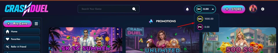 Crash Duel balance menu showing Gold Coin, Sweeps Coin, and Fun Coin totals