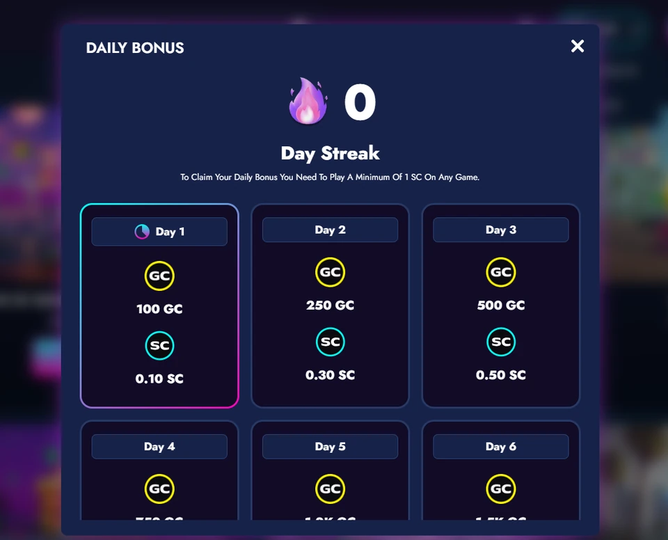 Crash Duel daily bonus popup showing Gold Coin and Sweeps Coin streak rewards