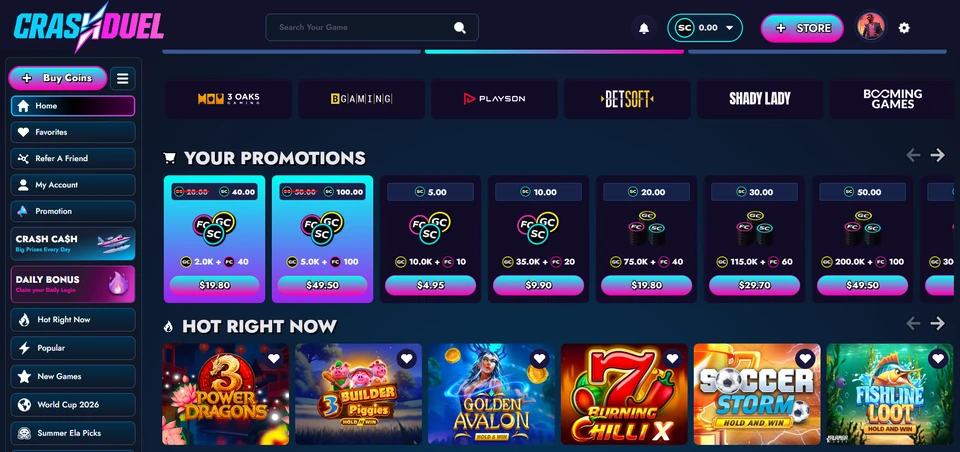 Crash Duel desktop homepage showing promotions and featured game categories
