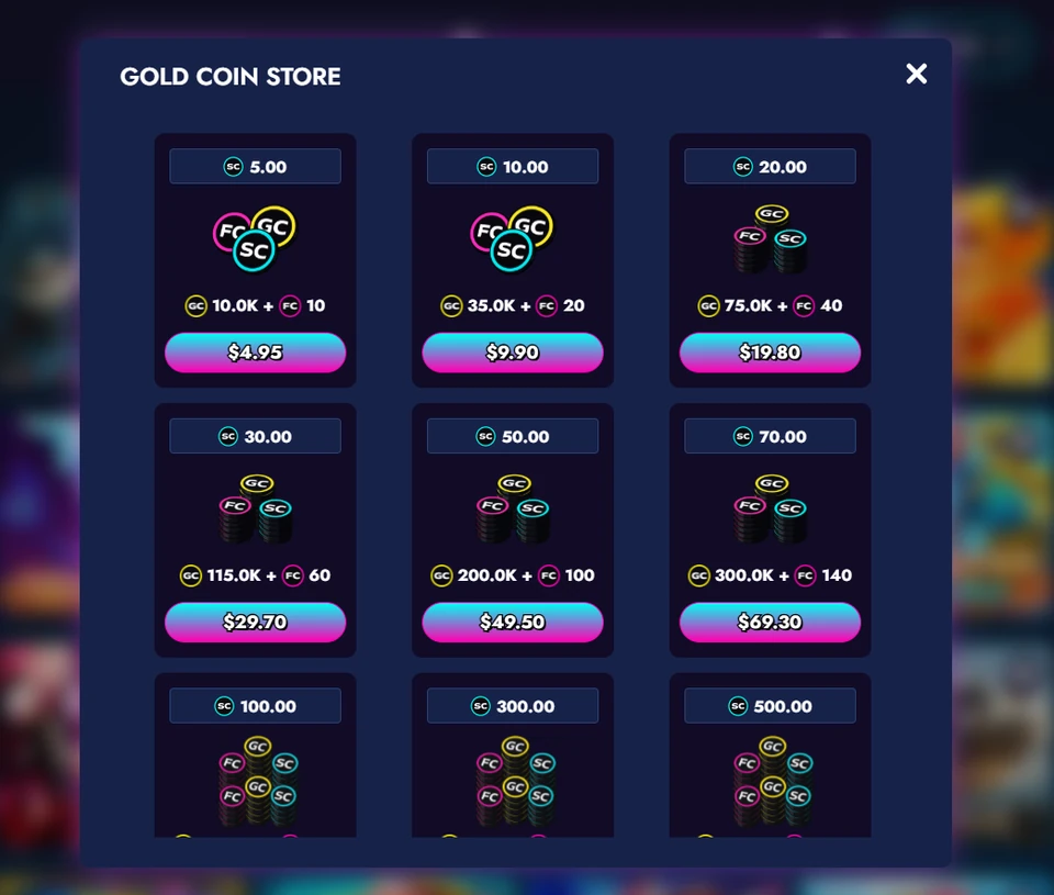 Crash Duel Gold Coin Store showing purchase packages and Sweeps Coin amounts