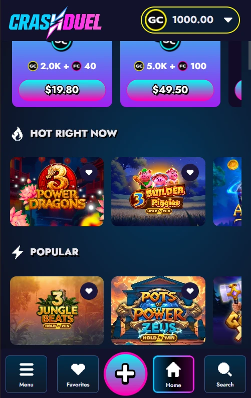 Crash Duel mobile homepage showing Hot Right Now and Popular game rows