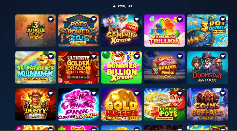 Crash Duel popular games lobby with Pots of Power Zeus and Bonanza Trillion