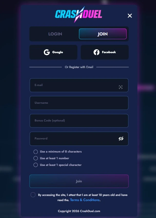 Crash Duel registration form with email, username, bonus code, and password fields