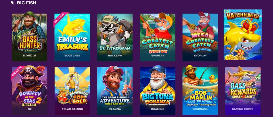 Fortune Wins Big Fish lobby mixing Emily's Treasure with fishing-themed slots