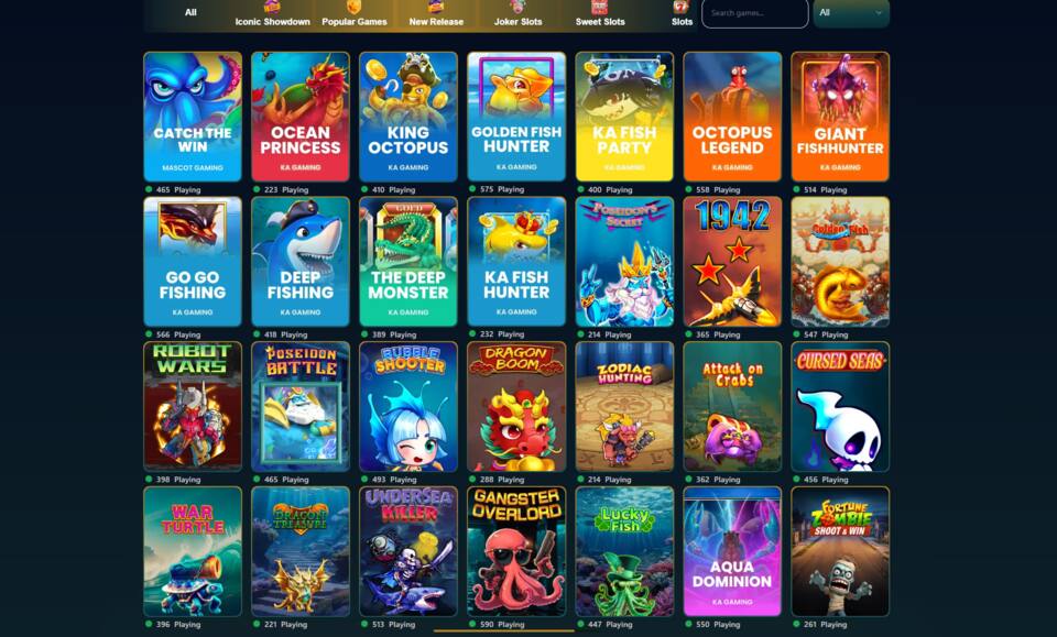 Rich Sweeps fish games lobby with live player counters on KA Gaming titles
