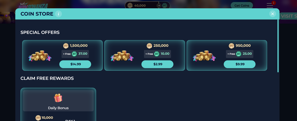 WinBonanza coin store modal showing special offer purchase tiers with bonus Sweeps Coins and a daily free bonus claim section