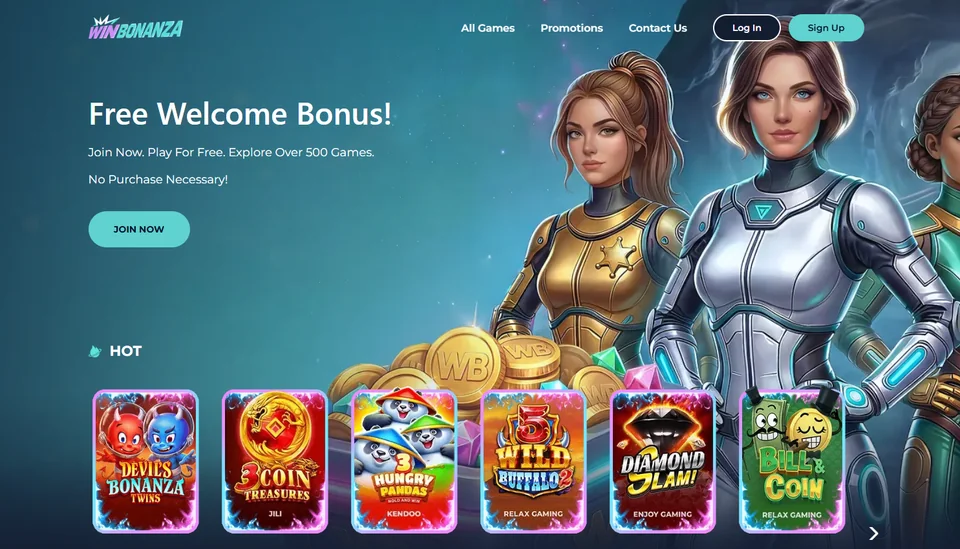 WinBonanza homepage showing the welcome bonus and featured games