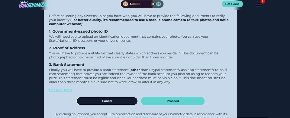 WinBonanza identity verification modal listing required documents (photo ID, proof of address, bank statement) before Sweeps Coins redemption