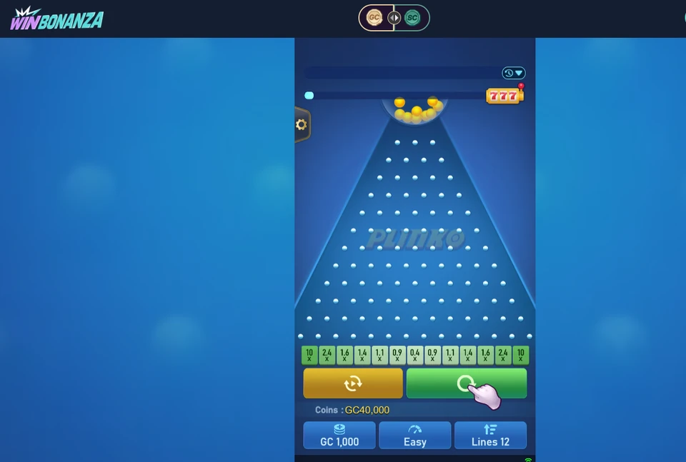 WinBonanza Plinko-style game board showing peg grid, multiplier slots along the bottom, and bet/lines controls