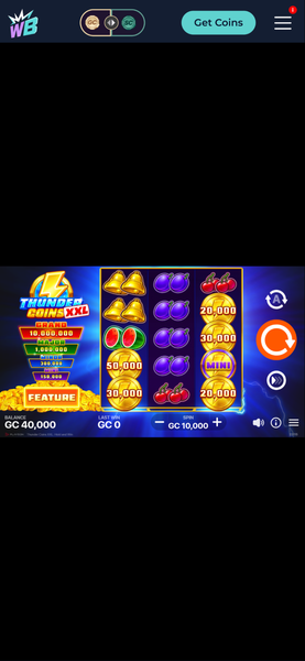 WinBonanza Thunder Coins XXL slot game screen showing reel grid, jackpot tier ladder, spin controls, and coin balance display
