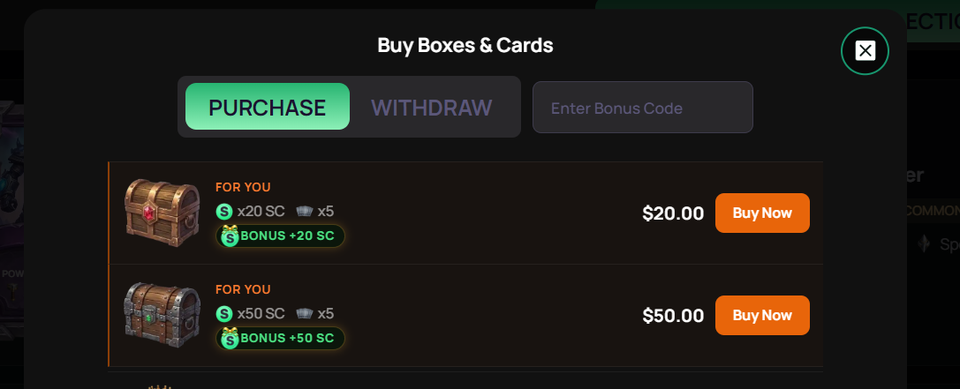 Zumba Cards purchase modal showing two coin package tiers with bonus Sweeps Coins and a bonus code field