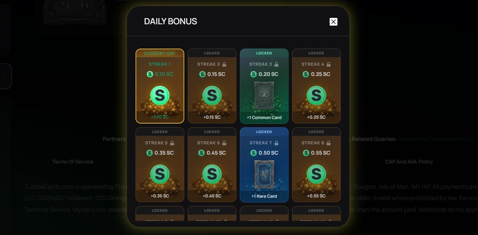 ZumbaCards daily bonus modal showing an eight day streak ladder with escalating Sweeps Coins rewards and card drops