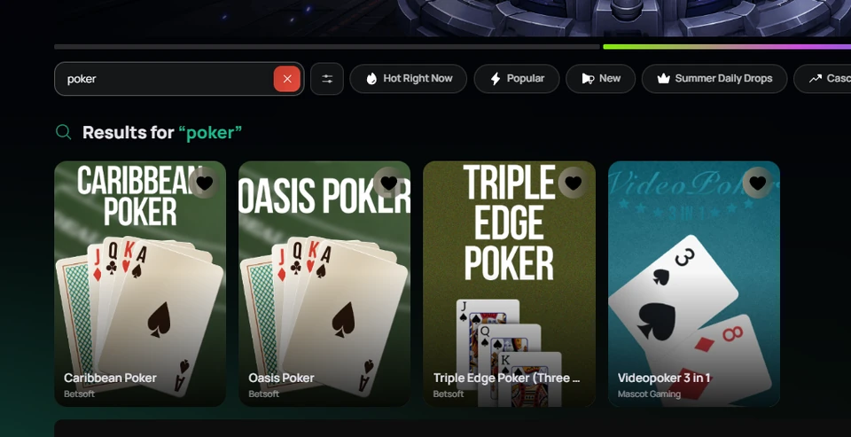 Zumba Cards game search results for poker showing Caribbean Poker, Oasis Poker, Triple Edge Poker and Videopoker 3 in 1