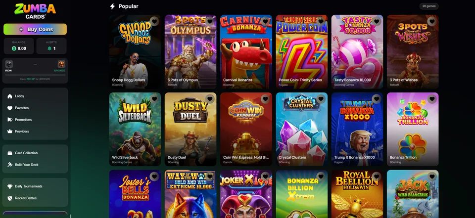 ZumbaCards Popular casino games grid with the left sidebar showing balance, XP tier progress and card collection navigation