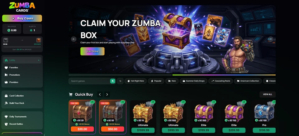 ZumbaCards lobby homepage with promotional banner, game category filters and the Quick Buy coin package carousel
