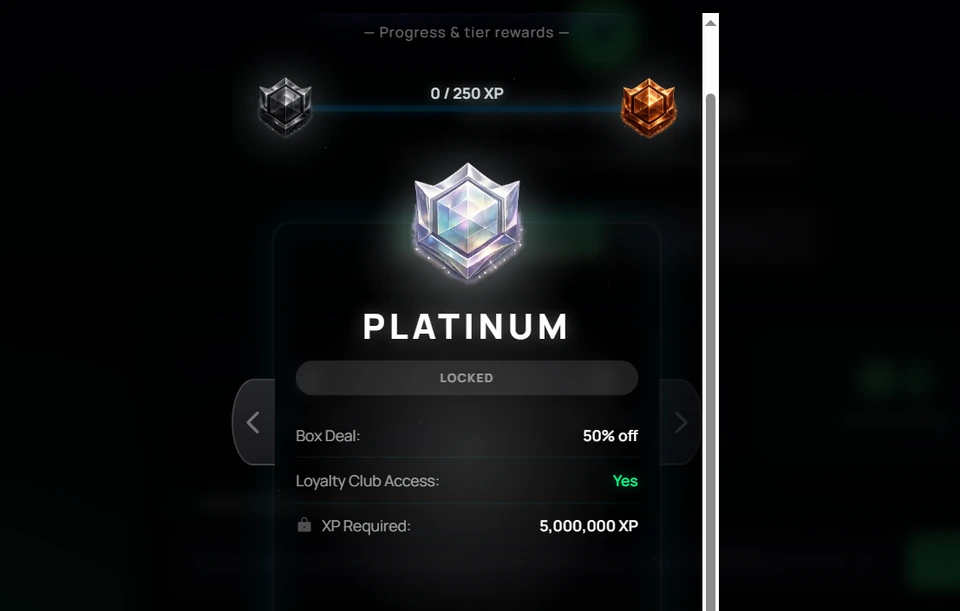 ZumbaCards casino loyalty tier carousel showing the locked Platinum tier and its box deal, loyalty club and XP requirements