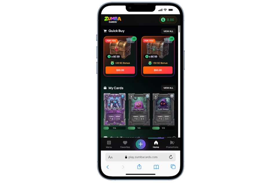 Zumba Cards Casino mobile browser view showing Quick Buy packages and the My Cards collection on iPhone
