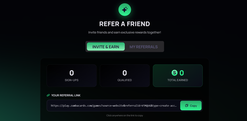Zumba Cards refer a friend page showing sign-up, qualified and total earned counters with a referral link field