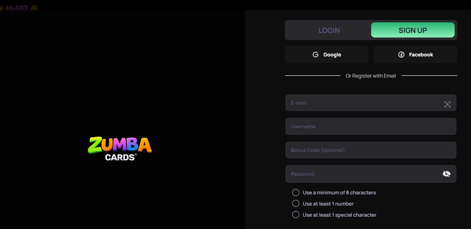 Zumba Cards sign up form with Google and Facebook registration options, email, username, bonus code and password fields