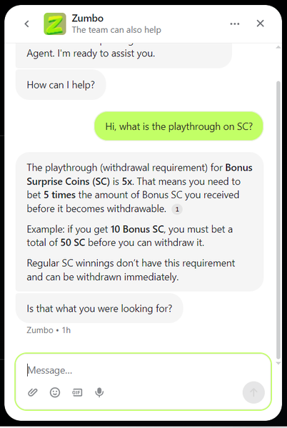 Zumba Cards support chat with the Zumbo assistant explaining the 5x playthrough requirement on bonus Sweeps Coins