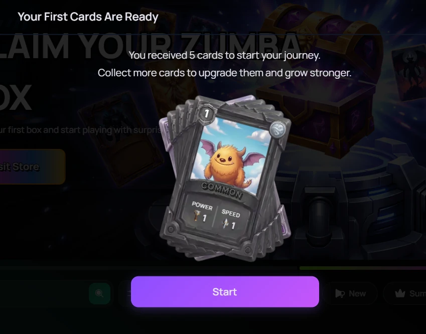 Zumba Cards welcome screen confirming five starter cards with a common card displayed and a start button