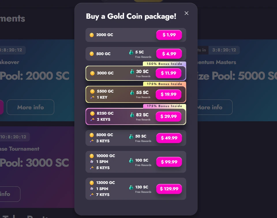 Cashoomo store showing Gold Coin packages with bonus Sweeps Coins and Keys