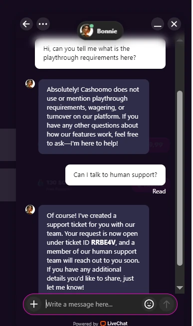Cashoomo support chatbot creating an email ticket after a human support request